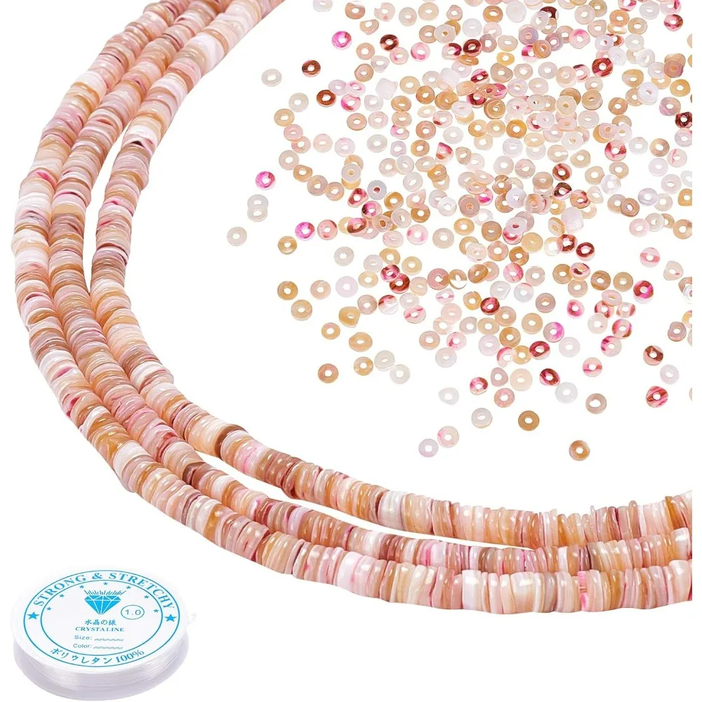 510~528pcs Natural Shell Beads 5~6mm Flat Disc Beads with 4.92 Yard Elastic Crystal Thread 1mm Beading String Work with Clay