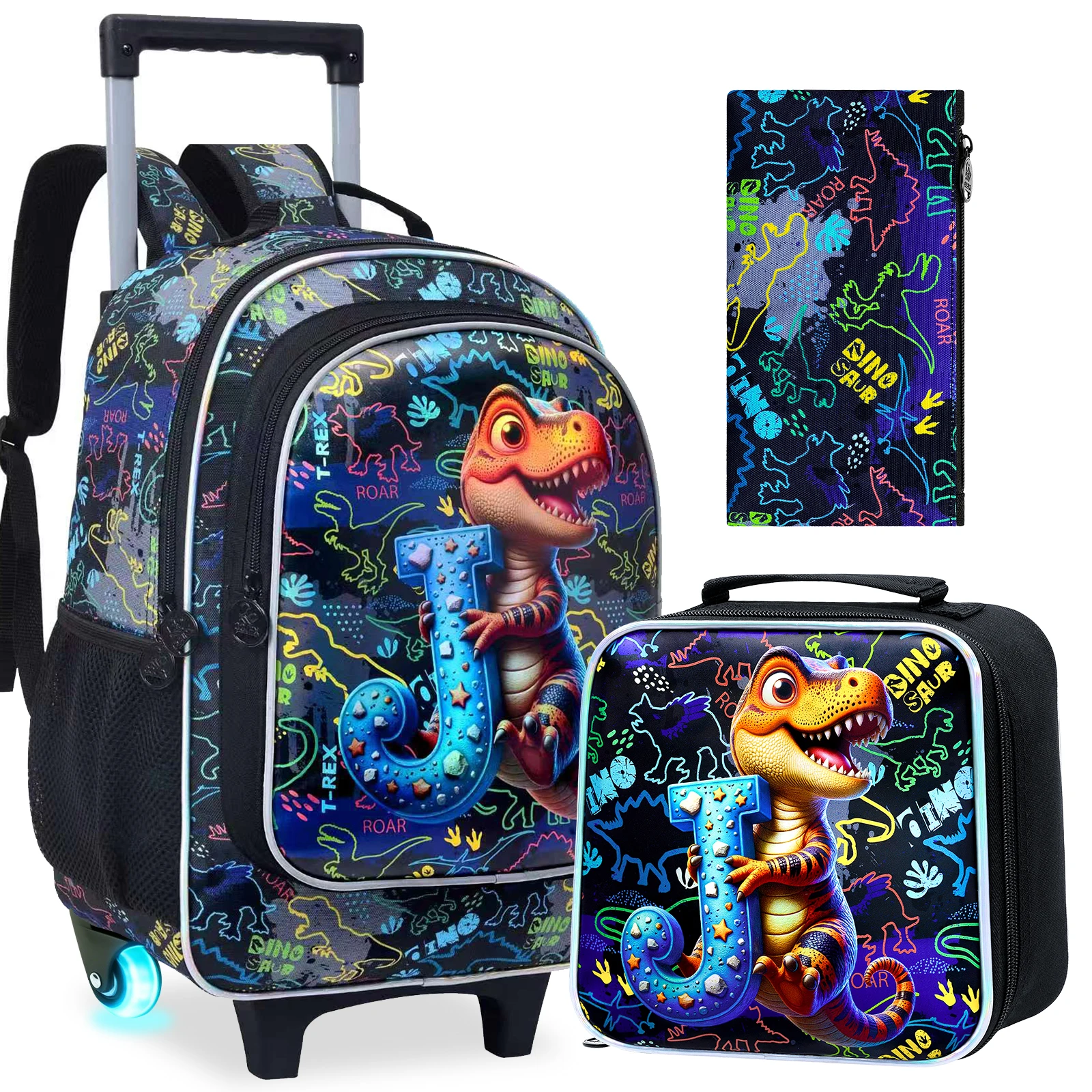 children's-dinosaur-wheeled-backpack-with-light-up-wheels-3pcs-set-with-lunch-box-pencil-case-cute-t-rex-rolling-school-bag