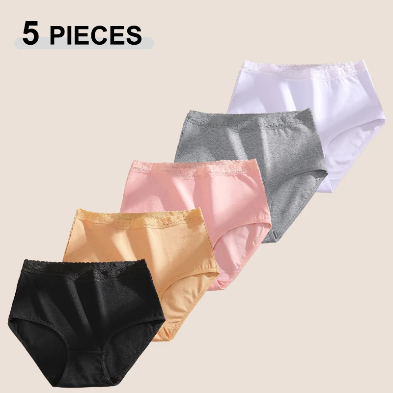 5-teiliges Set Nahtlose Baumwollunterwäsche für Damen, Sexy Spitzen-Blumenbund-Höschen, Einfarbige Atmungsaktive High-Waist-Unterhosen