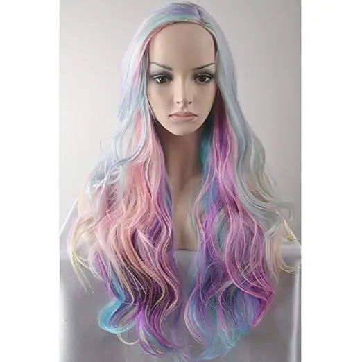 

Full Long Curly Wavy Rainbow Hair Wig Heat Resistant synthetic Wig for Festival Theme Parties Wedding Concerts Dating Cosplay