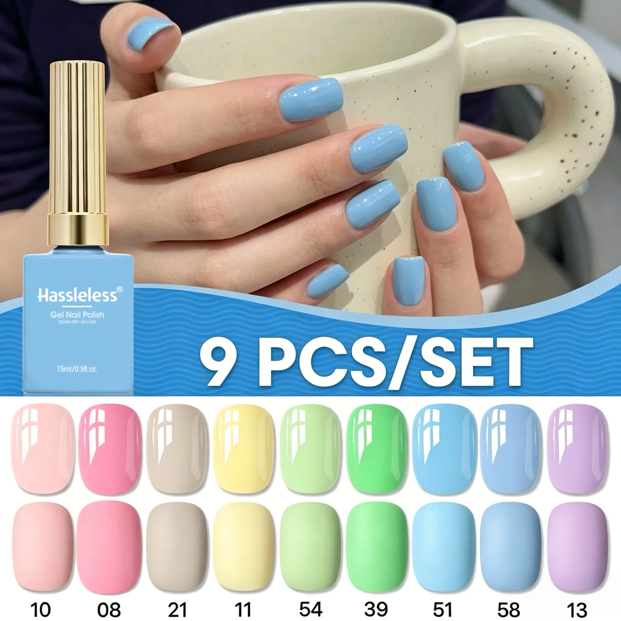 Hassleless Salon Nail Salon Supplies Set, 9-Pack of Solid Color Gel Polishes, 15ml Each. Professional Semi-Permanent Nail Polish