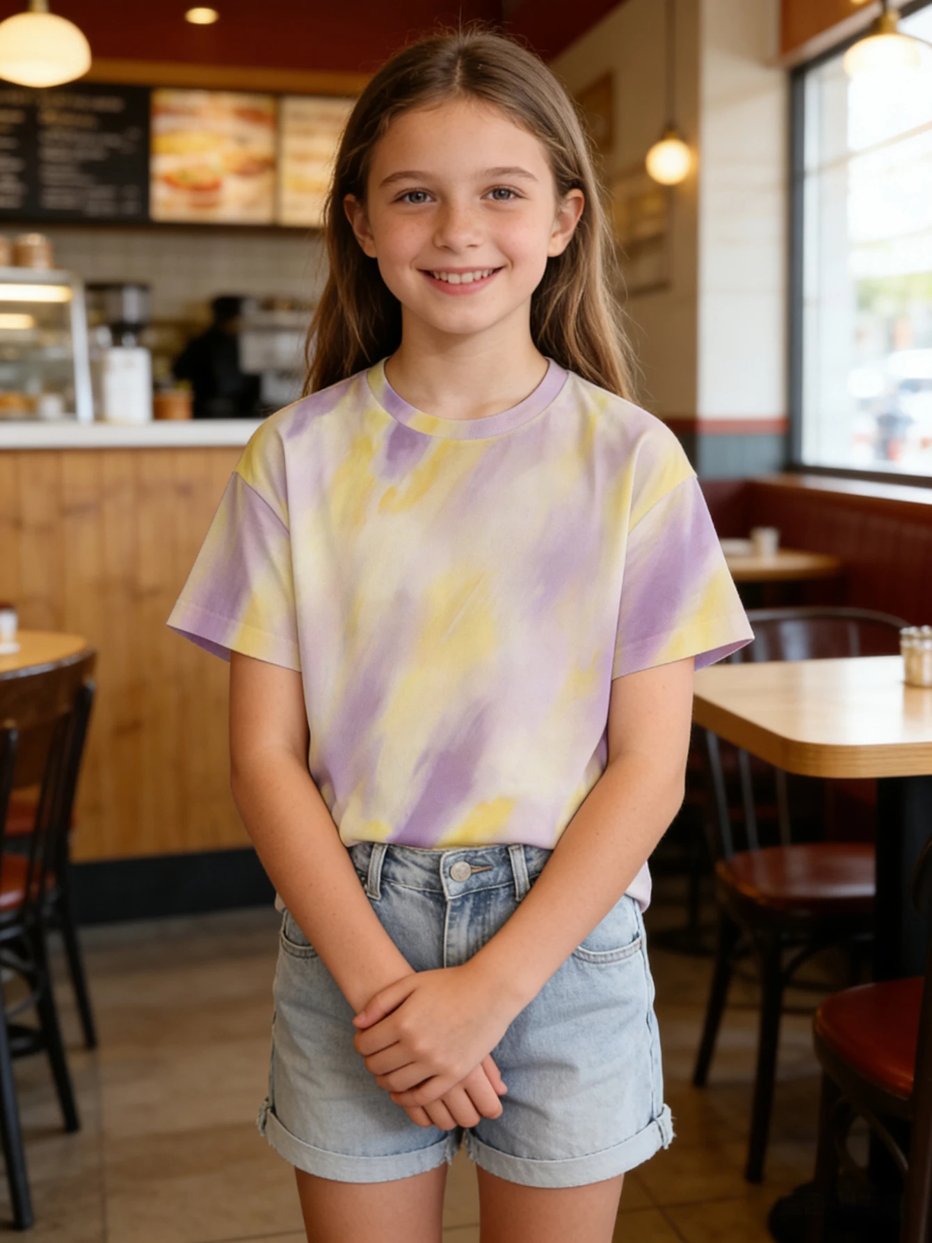 

2026 girls purple and yellow gradual change tie-dye short-sleeved T-shirt, children's fresh round neck loose top summer wear