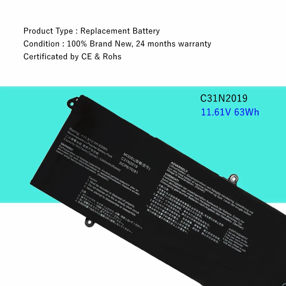 11.61V 63Wh C31N2019 Battery for ASUS  VivoBook Pro 14X OLED M7400 15 OLED M3500 M3500QC-L1081T M3500QC-L1221T