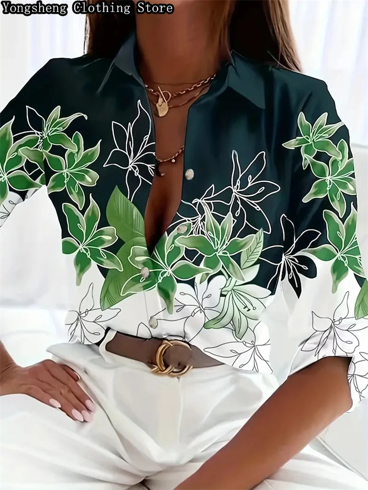 2024 summer women\'s long-sleeved printed ice silk shirt independent station hot new popular Hawaiian vacation clothing