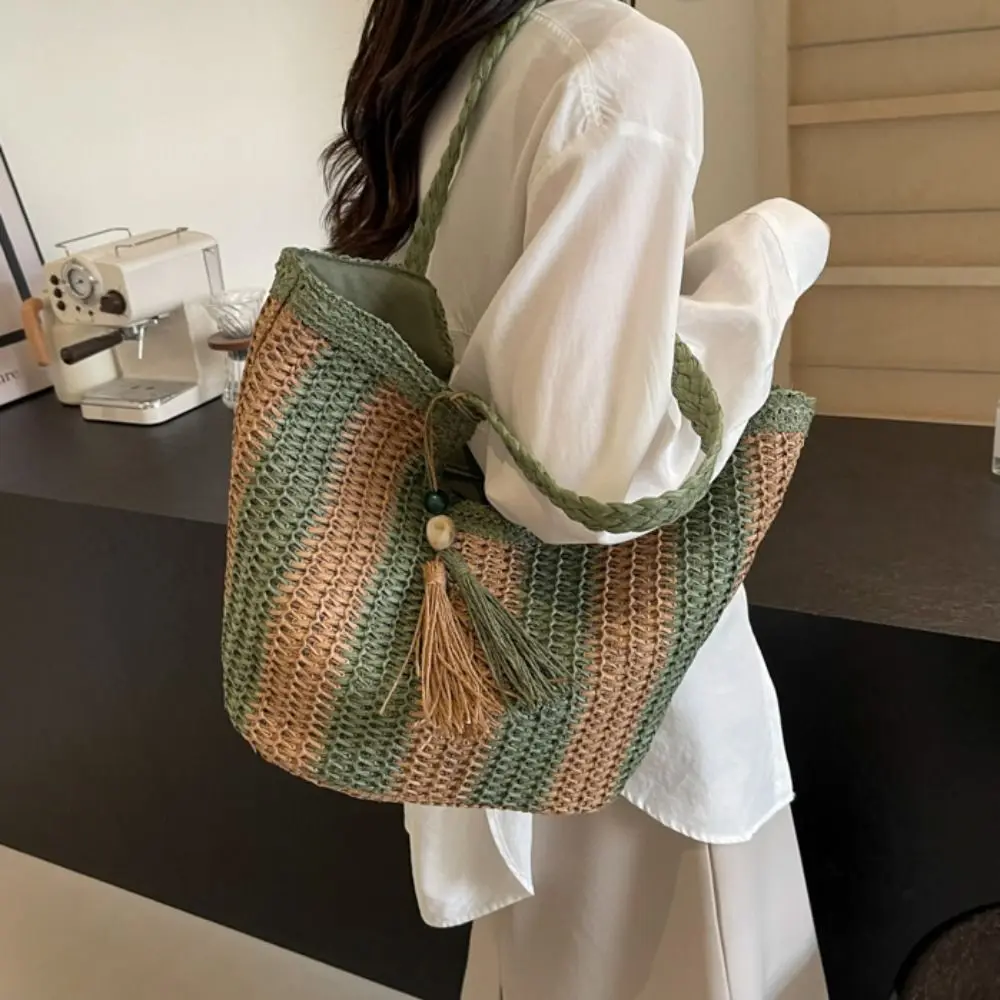 Trendy Summer Straw Crochet Bag Leisure Vacation Striped Shoulder Bag Beach Casual Women's Handbags Ladies/Girls