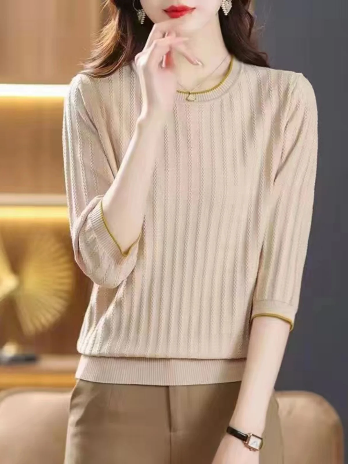 

Women's round Ne Ice Silk Knitted T-irt f Sve Spring Summer Base Layer Small irt Korean Sle Loose Fit Commute Wind