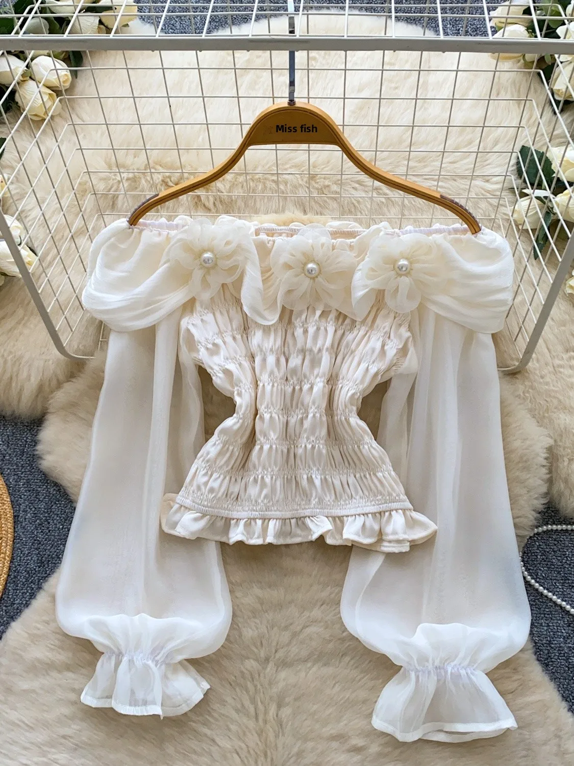 

Sweet Girl Style One Shoulder Beaded 3D Flower Chiffon Shirt Women's See through Lace Slimming Celebrity Top Polyester Fiber ...