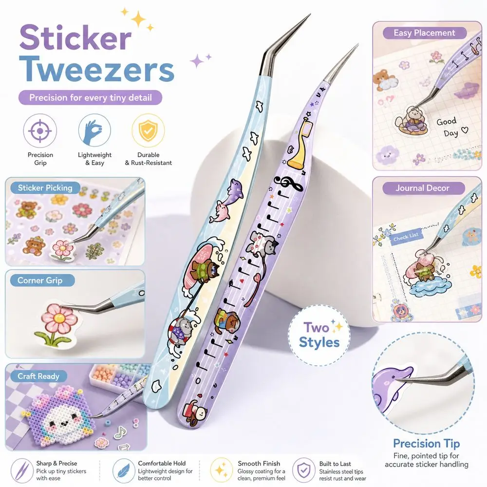 Stainless Steel Precision Tweezers High Precision Cartoon False Eyelash Tweezers Non Slip Grip Anti-static Craft Tweezers