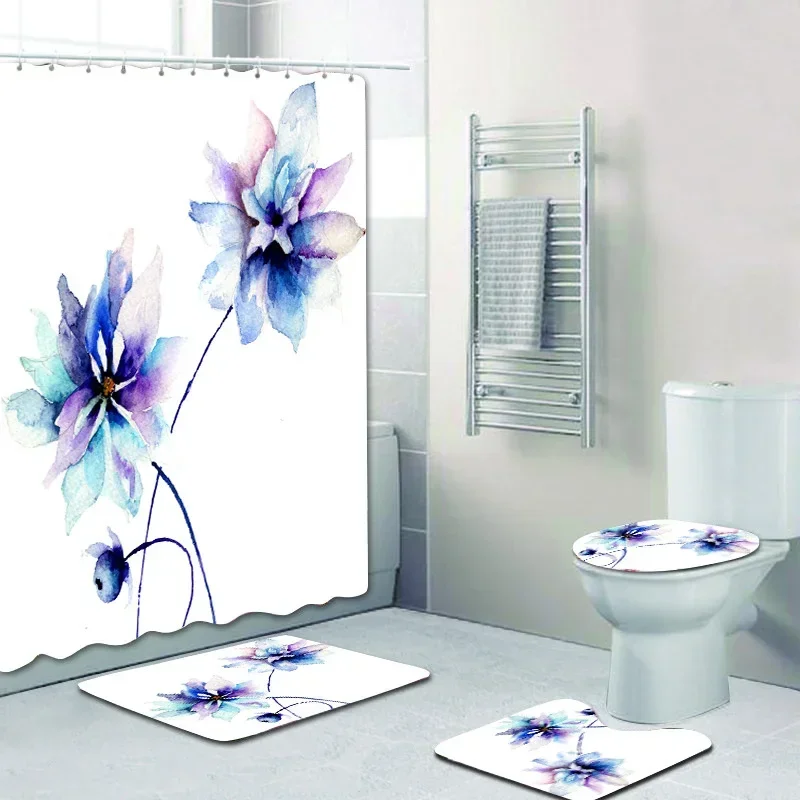 Butterfly Big Flower Blue Watercolor  Broken  Bathroom Shower Curtain Set Bath Mats Rugs Toilet Lid Cover  Decor