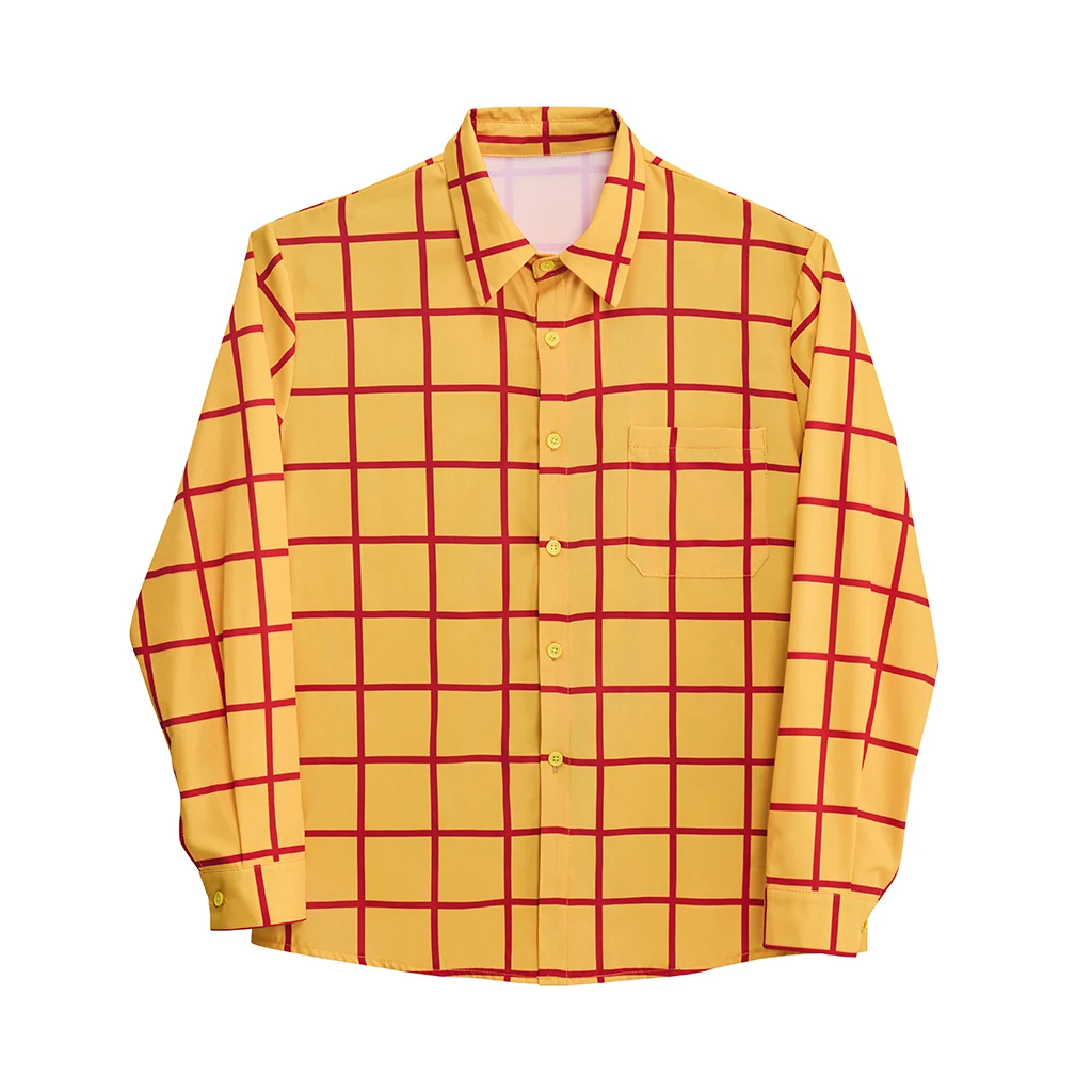 Denim Woody Cosplay Costume Yellow Plaid Shirt Cowboy Style Men's Long Sleeve T Shirt Fans Convention Party Fancy Dress Suit view 2