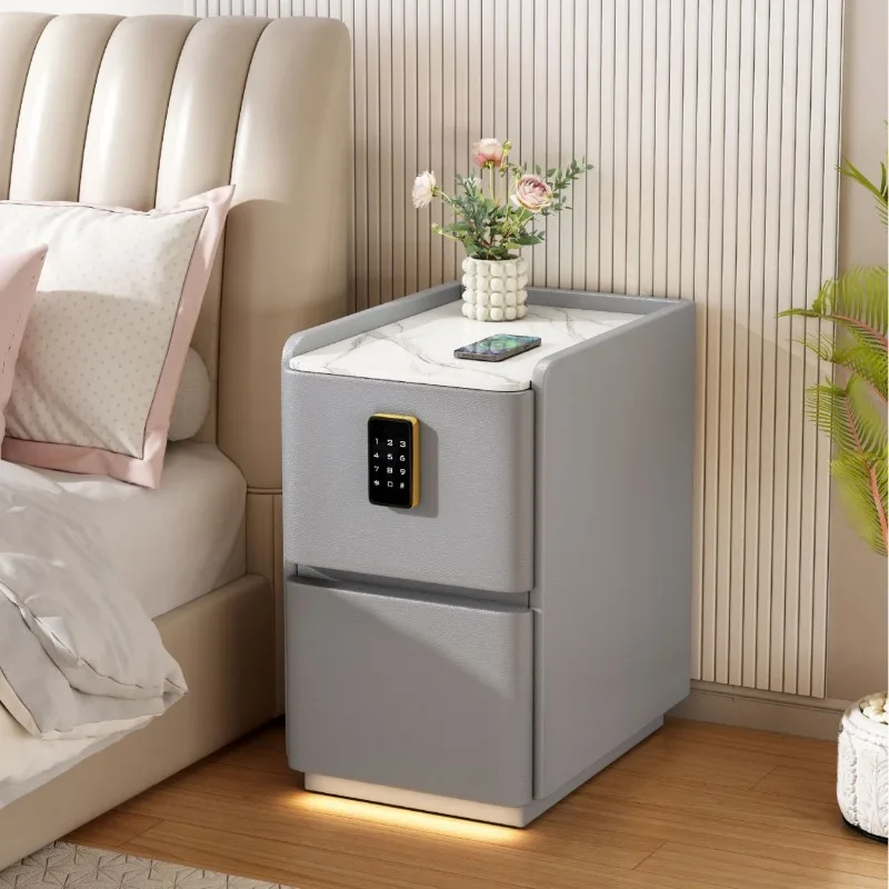 Smart bedside table Multifunctional home advanced free installation with socket password lock Wireless charging Bedroom leather