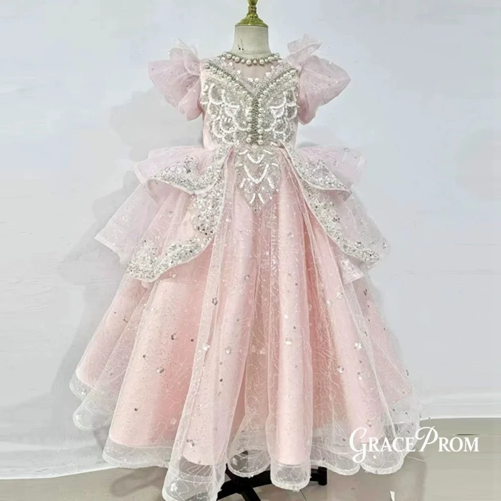 Elegant Blue Sequin Flower Girl Dress Puff Short Sleeve Beaded Bodice Ruffled Layered Skirt Kids Princess Wedding Pageant Gown
