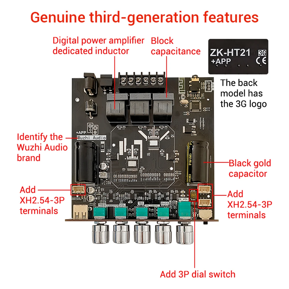 HT21-3G TDA7498E HIFI Digital Power Audio Amplifier Board 160Wx2+220W AMP Subwoofer Treble Bass Wuzhi Audio APP AUX 2.1 Channel
