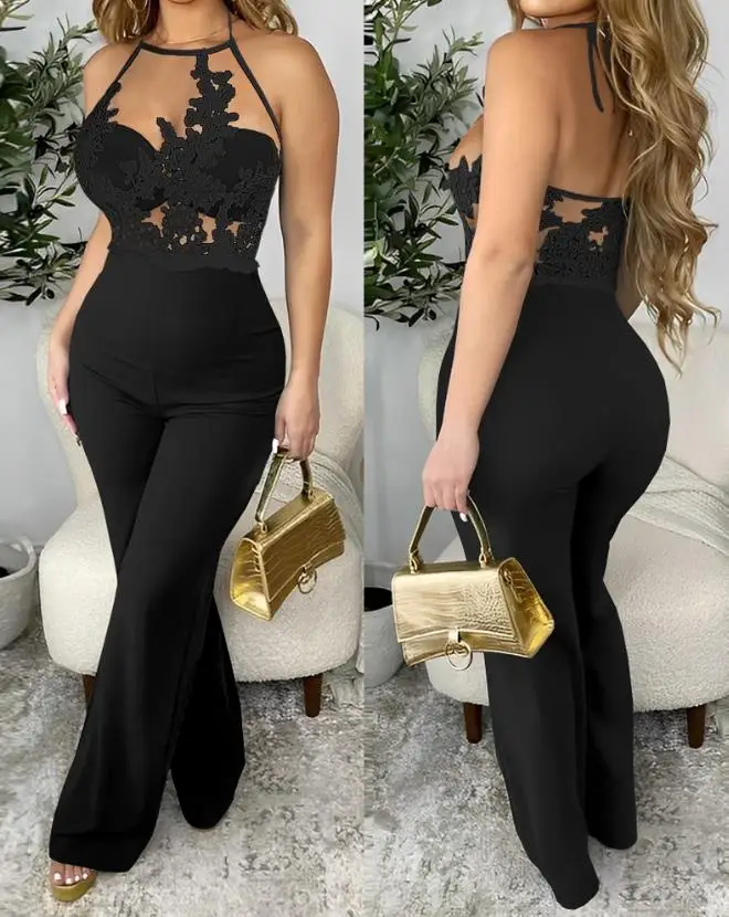 

Women's Sexy Jumpsuit 2024 Spring Summer Latest Halter Guipure Lace Spaghetti Strap Sheer Mesh Bodysuit Skinny High Waist Romper