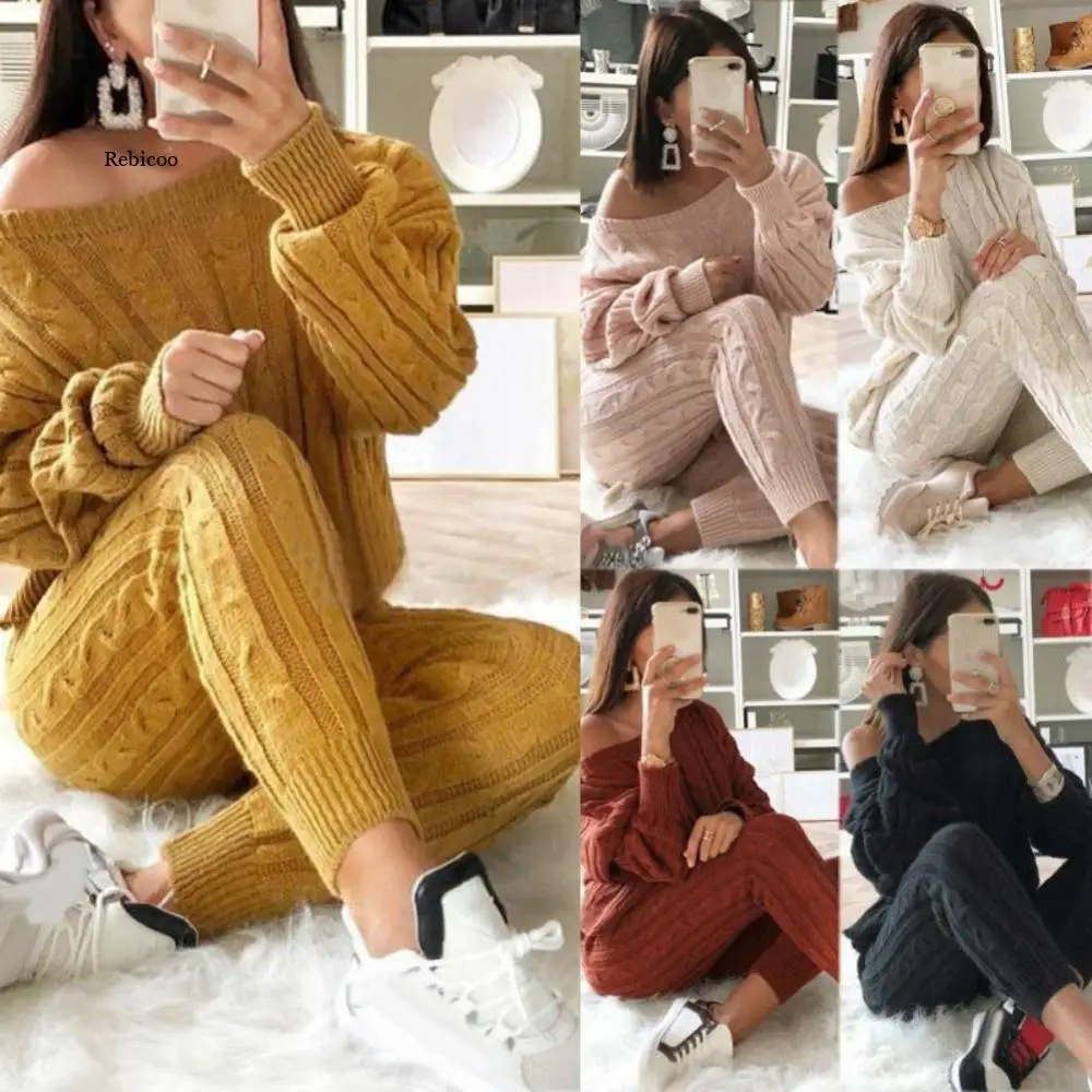 Wholesales 2Pcs Winter Solid Color Off Shoulder Sweater Pants Women Knitted Pajamas Set