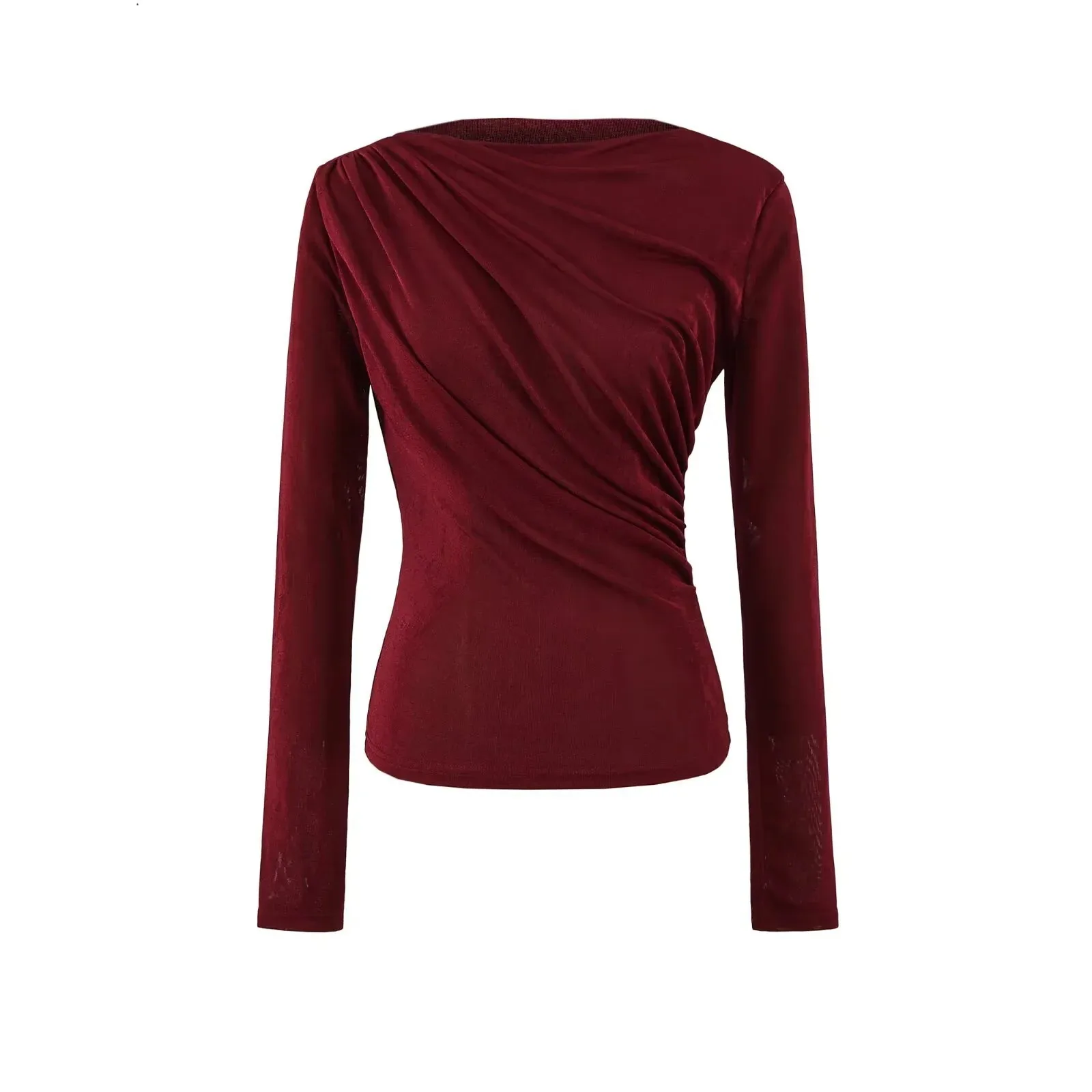 

Trendy Fashion Casaul Girl Sexy Chest Ruched Off-Shoulder Long Sleeve T-Shirt Early Autumn New Irregular Slim Fit Short Top XLWN