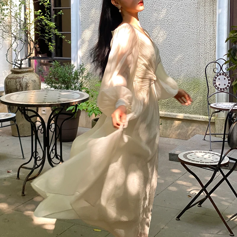 Maxivestidos plisados con cuello en V para mujer, vestidos de fiesta con flecos de encaje, manga abombada, con volantes, elegantes, de verano