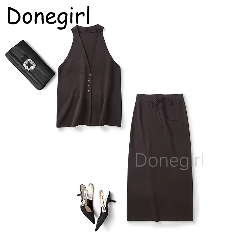 

Donegirl Women 2024 Spring Fashion Knitted Casual Sleeveless Vest Chic V-Neck Buttons Versatile Top Lapup Midi Skirt Suit Mujer