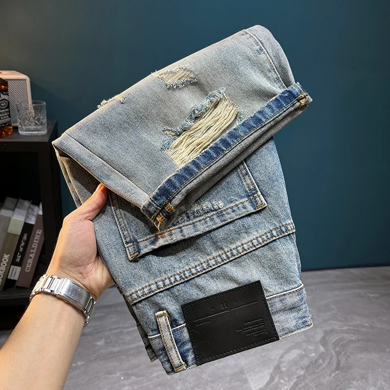 الكورية موضة ممزق رجالي الدنيم السراويل خمر الشارع الشهير الصيف عادية مستقيم السراويل الرجال ماركة الملابس الهيب هوب جينس قصير