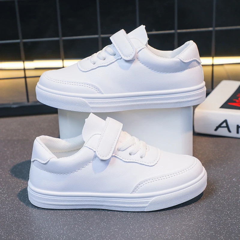 Children Casual Shoes White Pu Leather Plain Design School Kids Sneakers Unisex All-match 26-36 Four Seasons Boys Girls Shoes