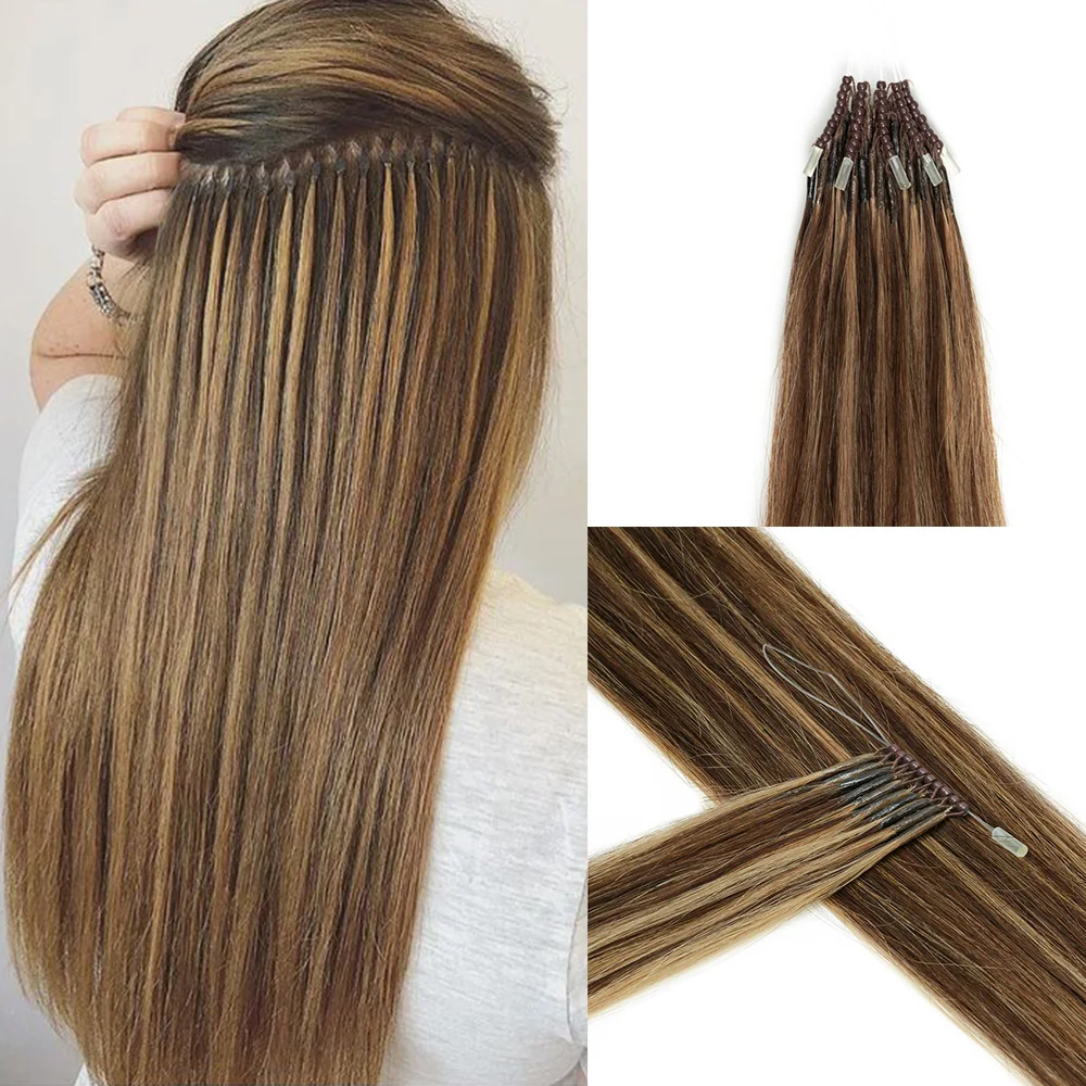 Extensiones de cabello humano con Micro cuentas, Nano anillo de silicona 8D, Mini cuentas de silicona invisibles, negro, marrón, Rubio, extensión de