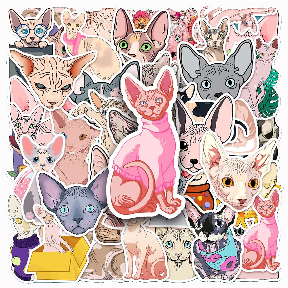 

10/30/50PCS Sphinx Canadian Hairless Cat Sticker for Phone Case Laptop Luggage Cute Animal Kitty Cartoon Sticker Decals Toy Gift