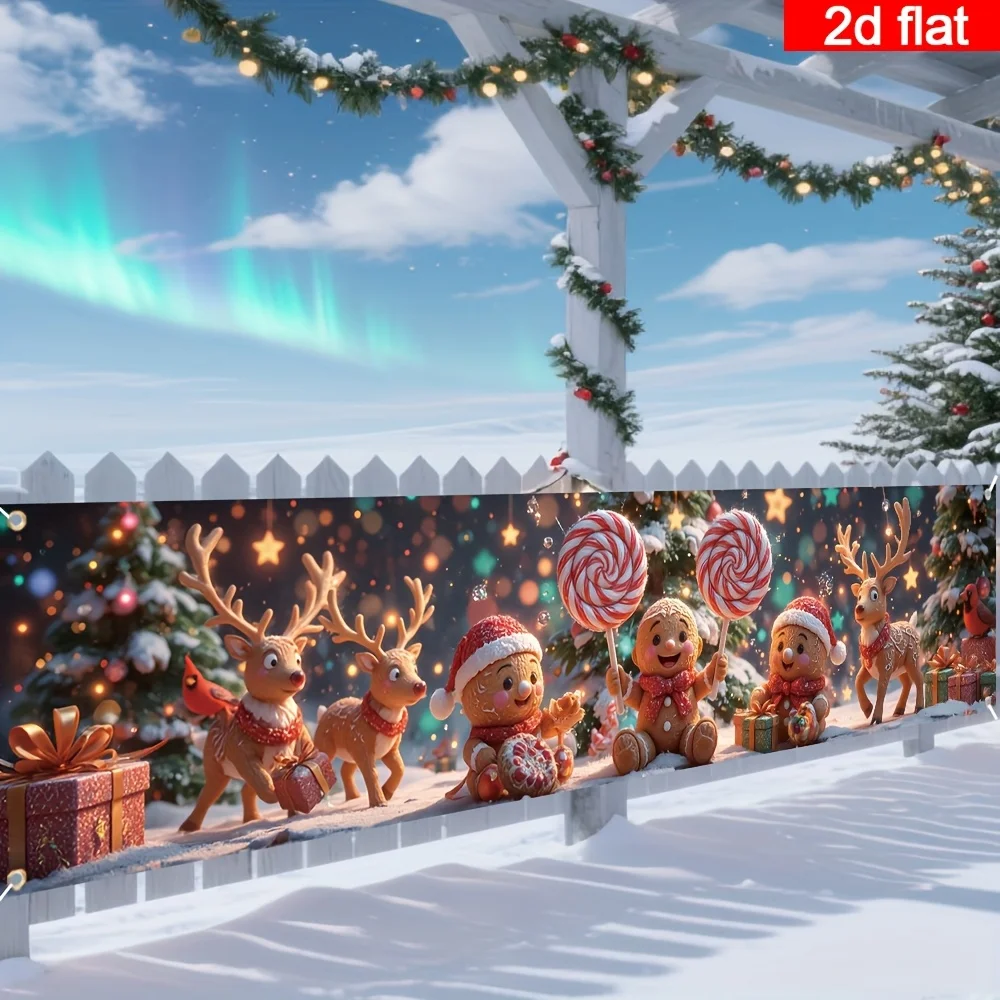 1pc 2D Flat Christmas Yard Banner, Gingerbread Reindeer Pattern, Outdoor Yard Fence Balcony Party Holiday Decor