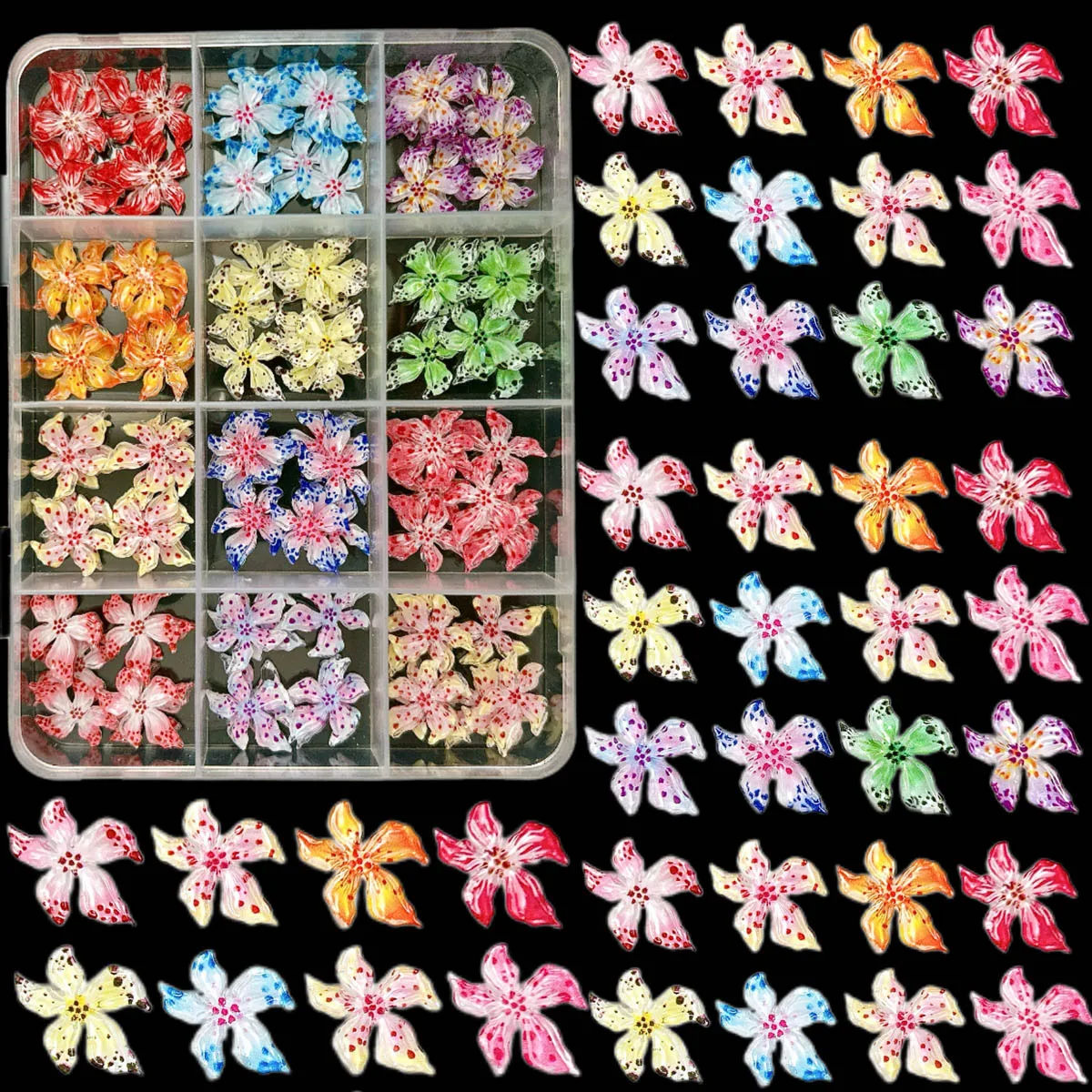 1 scatola di decorazioni creative per unghie in resina con fiori maculati morbidi, colori multipli, ciondoli floreali per unghie dolci ibisco per manicure fai da te