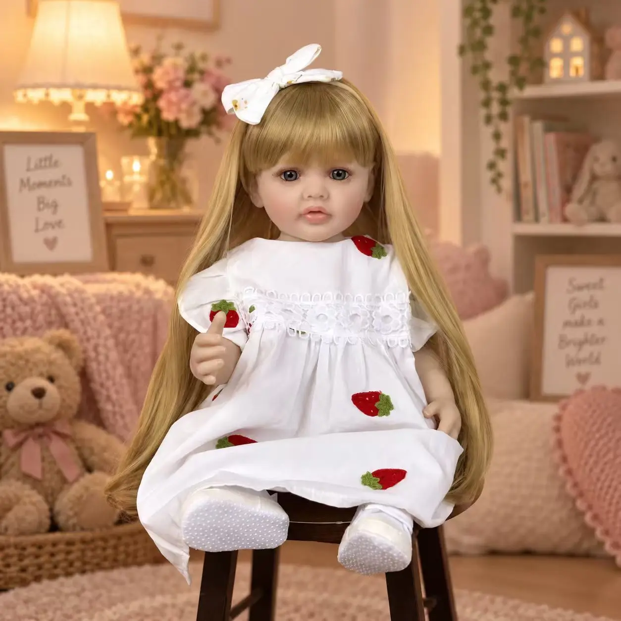 22 Inch Lifelike Reborn Girl Doll Long Dark Brown Hair Full Vinyl Body Pink Knitted Floral Skirt With Big Bow Flower Hair Clips Can Bathe Kids Role Play Toy Birthday Christmas Gift