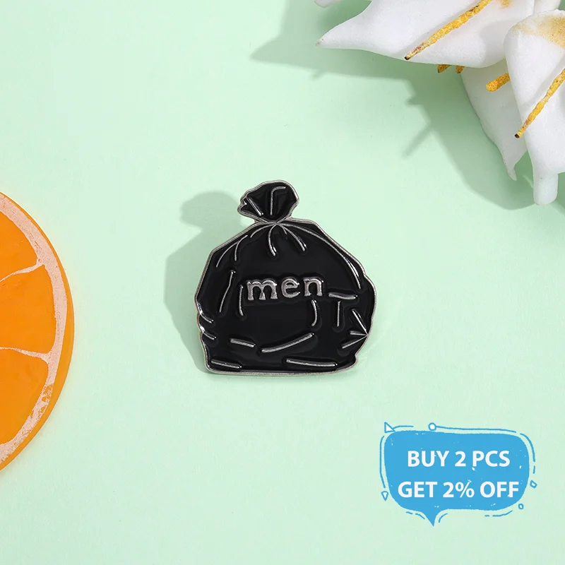 Funny Black Trash Bag Metal Enamel Pins Men Are Garbage Badge Brooch Creative Environmental Protection Lapel Backpack Jewelry