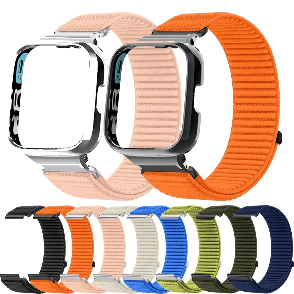 حزام نايلون لساعة Xiaomi Mi Watch Lite Band Redmi Watch 2 4 3 Active مع حافظة حماية ممتصة للصدمات وسوار بديل بحلقة مغناطيسية