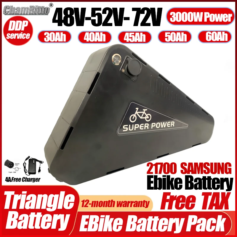 

Треугольная литиевая батарея Cham Ebike 52 В 45 Ач 48 В 36 В 60 В 72 В 20 30 35 40 50 60 Ач огромная емкость 84 В 3000 Вт 21700 с зарядным устройством 5 А