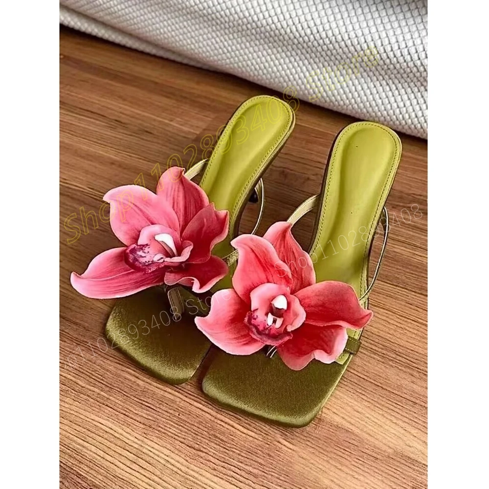 New Design Red Flowers Square Toe Slippers Stiletto High Heel Hollow Fashion Sexy Women Shoes 2024 Summer Zapatos Para Mujere