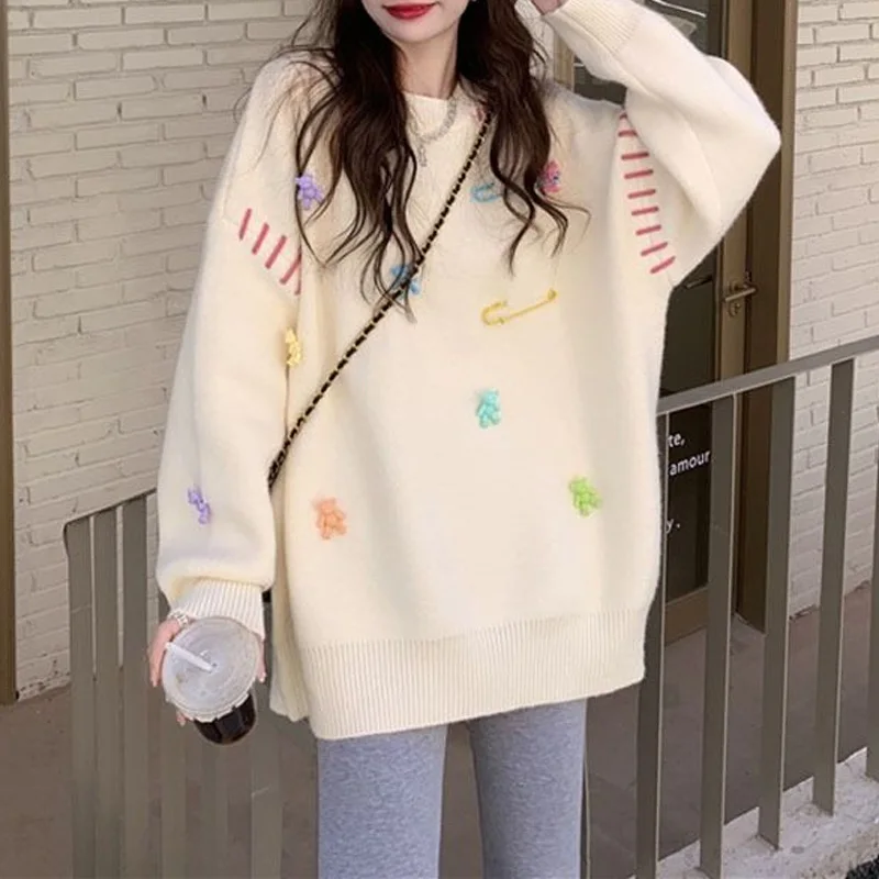 2023 New Autumn and Winter Playful Age Reducing Lazy Round Neck Three-dimensional Decoration Loose Oversized Knit Sweater