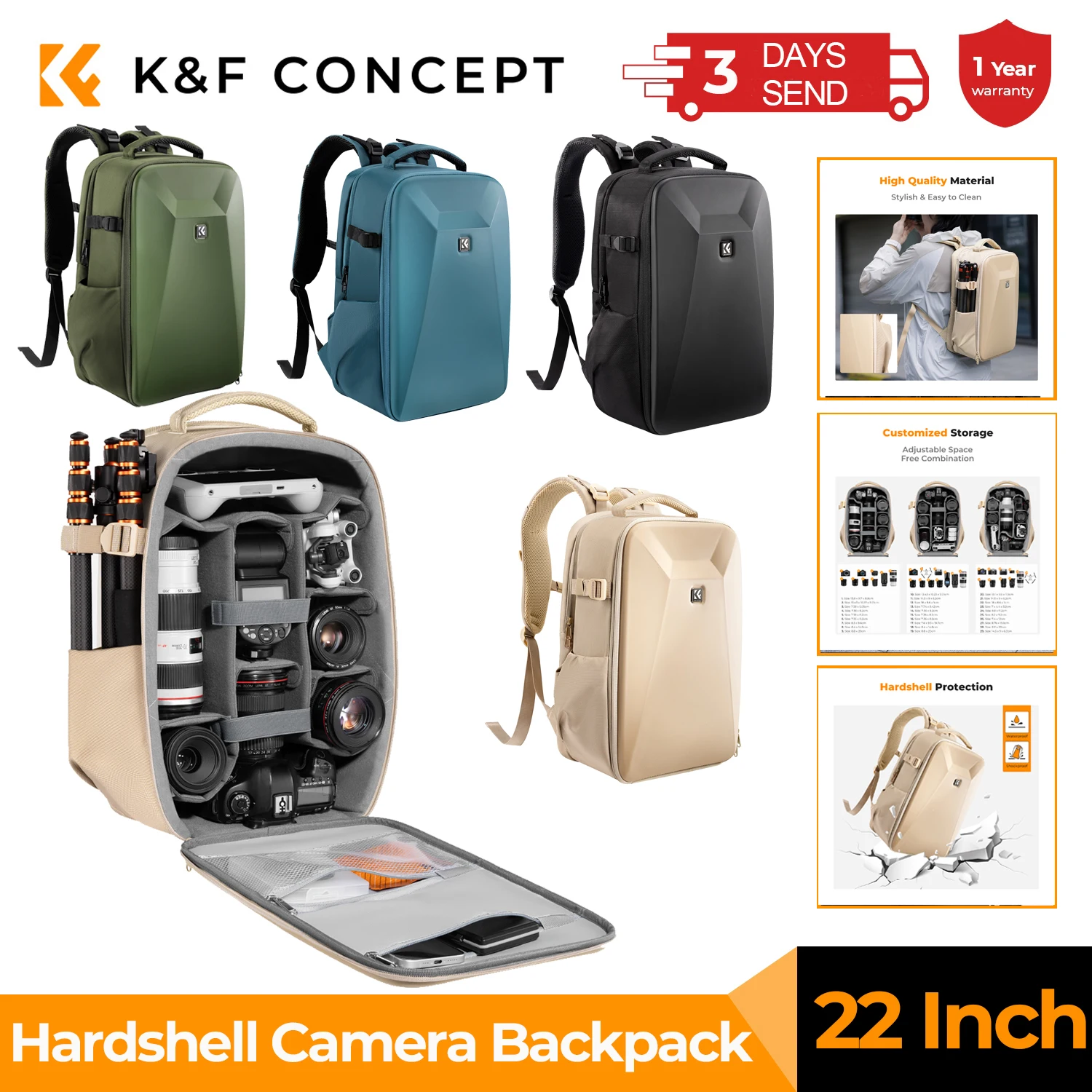 K&F Concept 22L Camera Backpack Waterproof Capacity Photography Bags For DSLR/SLR Camera Professional Women Men's Pouch Travel