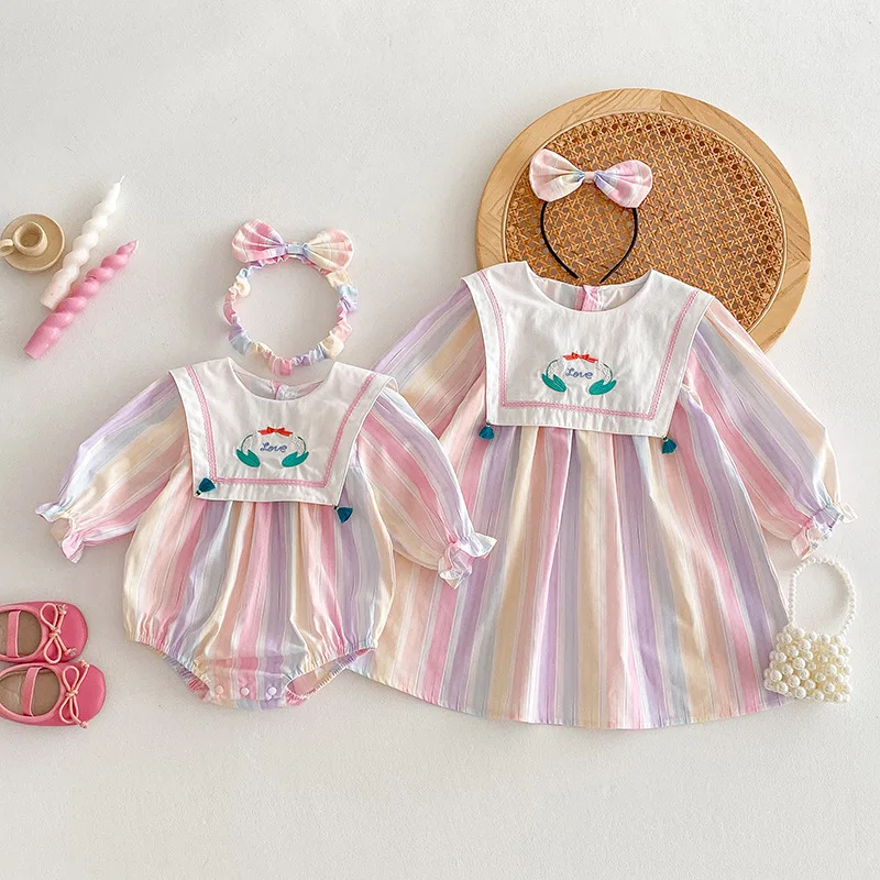 

2025 New Spring Baby Girls Clothes Romper Girl Princess Dress Fashion Long Sleeves Rainbow Stripe Sisters Dresses Kids Clothing