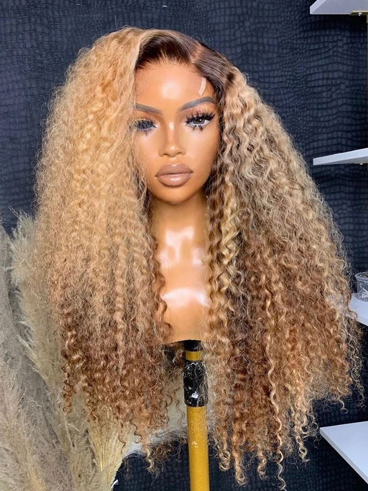 Ombre Honey Blonde Highlight Wig Human hair 4*4 13*4 13X6 Transparent Kinky Curly Lace Front Wigs with Brown Roots view 4