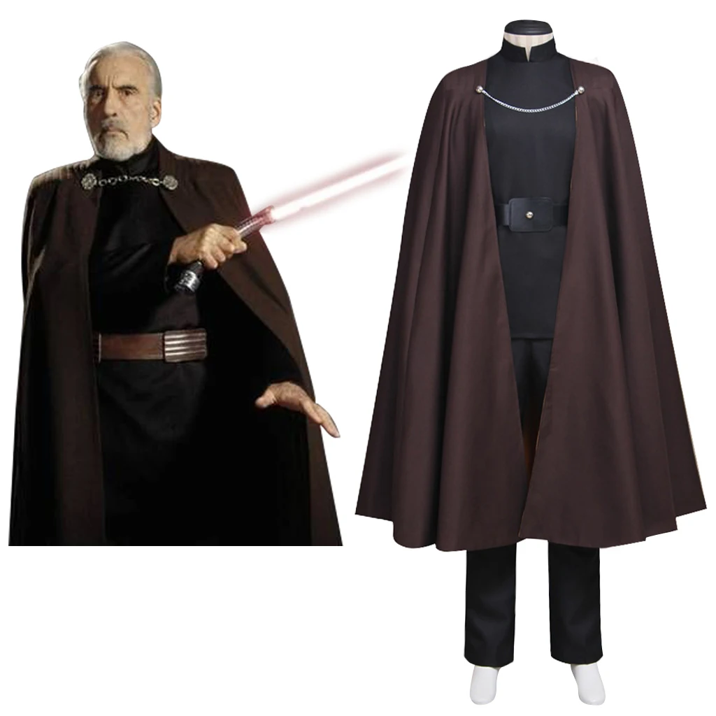 

Movie SW Count Dooku Cosplay Costume Man's Black Top Pants with Cloak Suit Halloween Party Outfit
