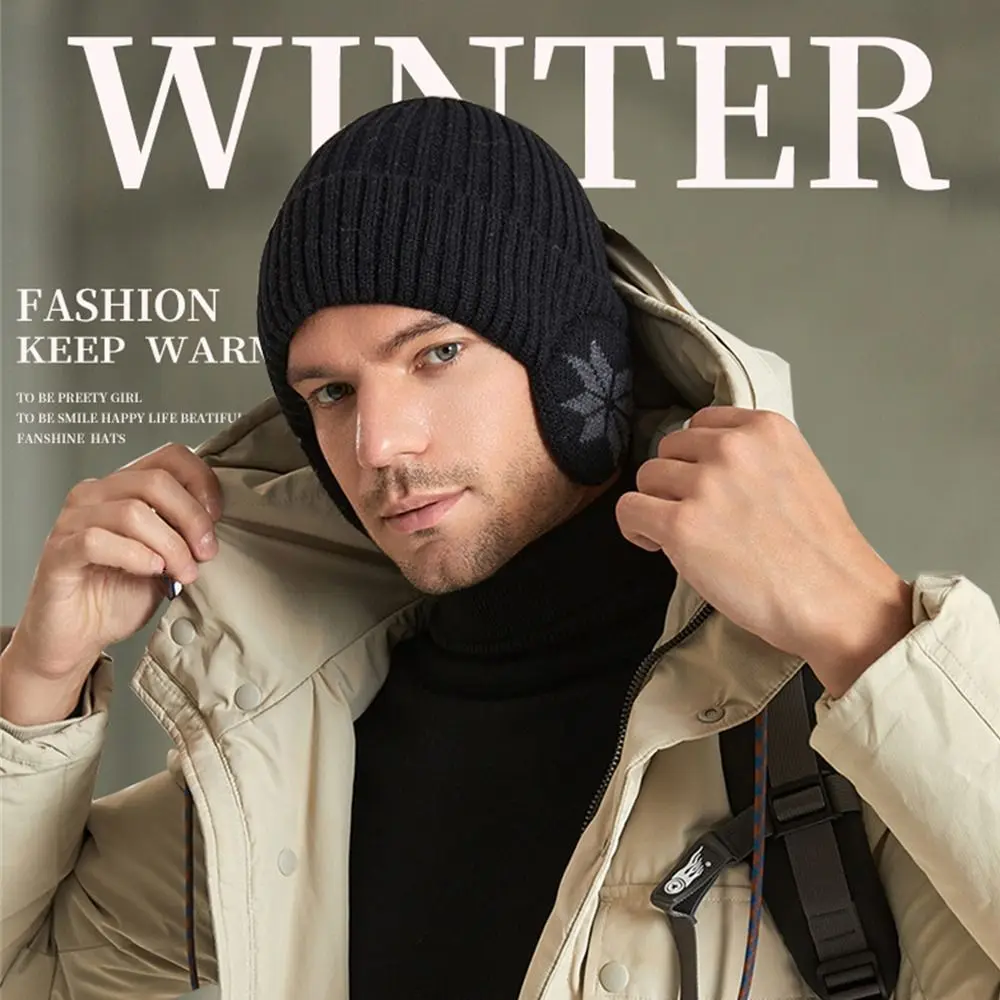 Fashion Soft Knitted Hat Thickened Earflap Cap Windproof Plain Hats Winter Casual Ski Beanie Hat for Men Women
