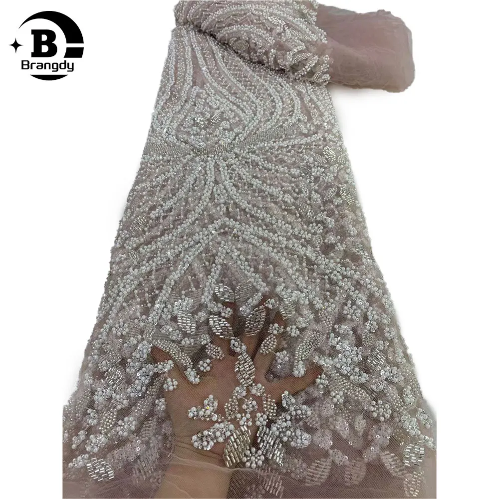 

2024 Luxury Heavy Beaded African Lace Fabrics Sequins Nigerian French Net Lace Fabric High Quality For Diy Dress Sew Wedding