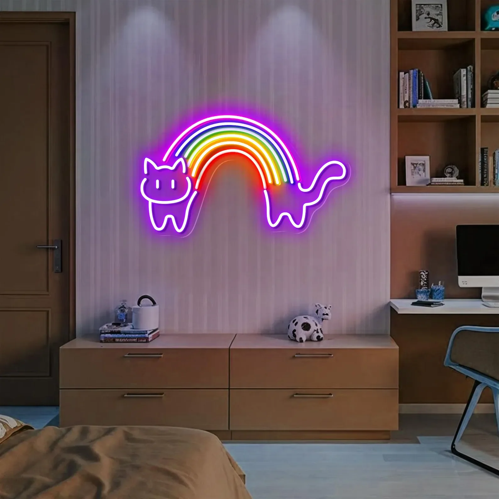 Rainbow Cat Neon Sign, Cute Kawaii Sign for Bedroom, Game Room, Kids Room, Aesthetic Wall Decor, Colorful Cat Lover Gift