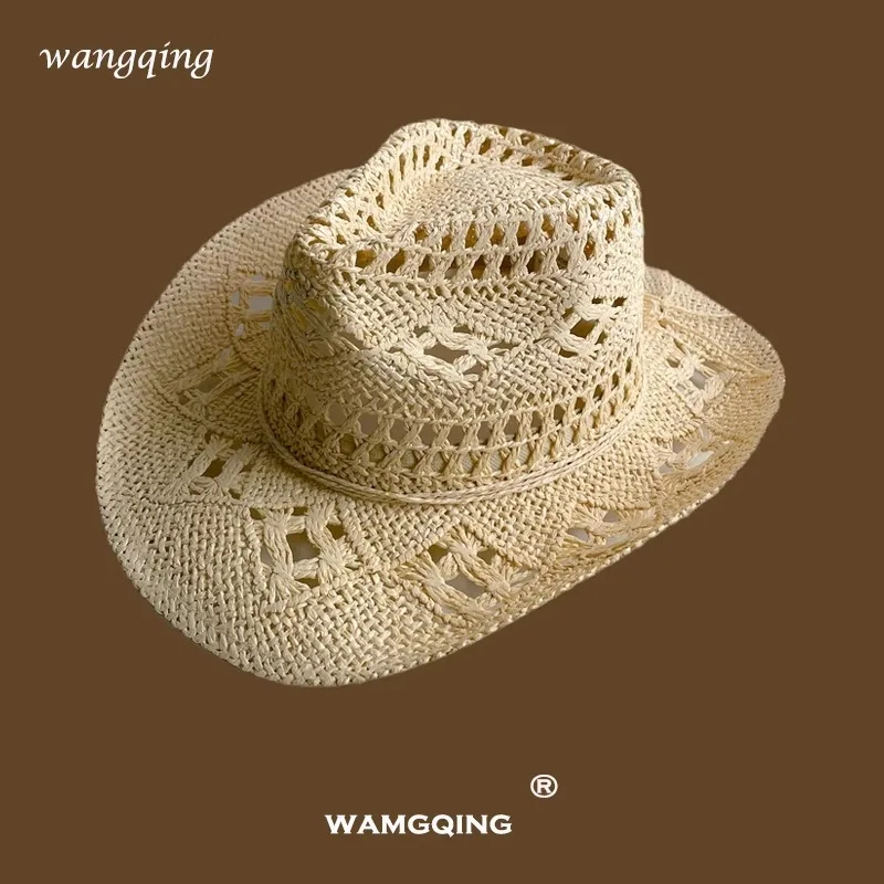 Straw Hat Hand-Woven Raffi Straw Hat Hollow Breathable Hat Sun Shade Western Cowboy Hat