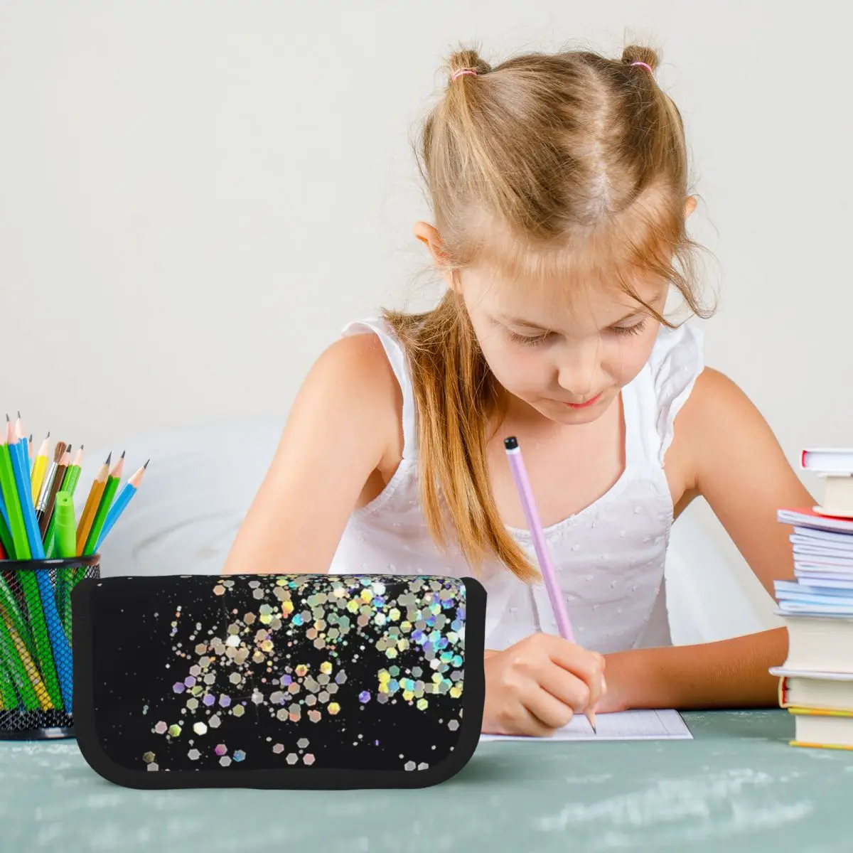 Black And Holographic Sparkle Pencil Case Pen Holder Storage Stationery Supplies Pen Box Pencil Bag for Students Gifts