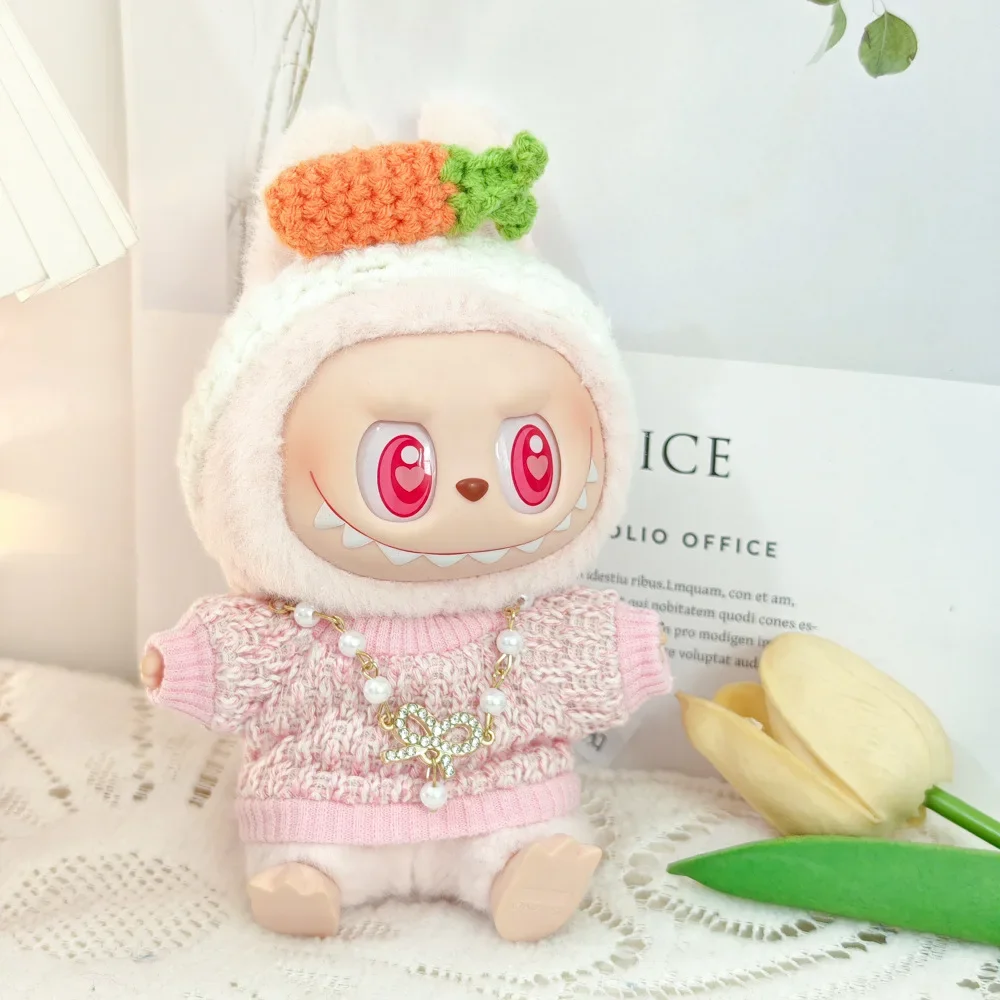 17cm Labubu Doll's Clothes The Monster Outfit Accessories Clothing DIY Kids Gift Girls Pink Sweater Baseball Cap Necklace EE25P