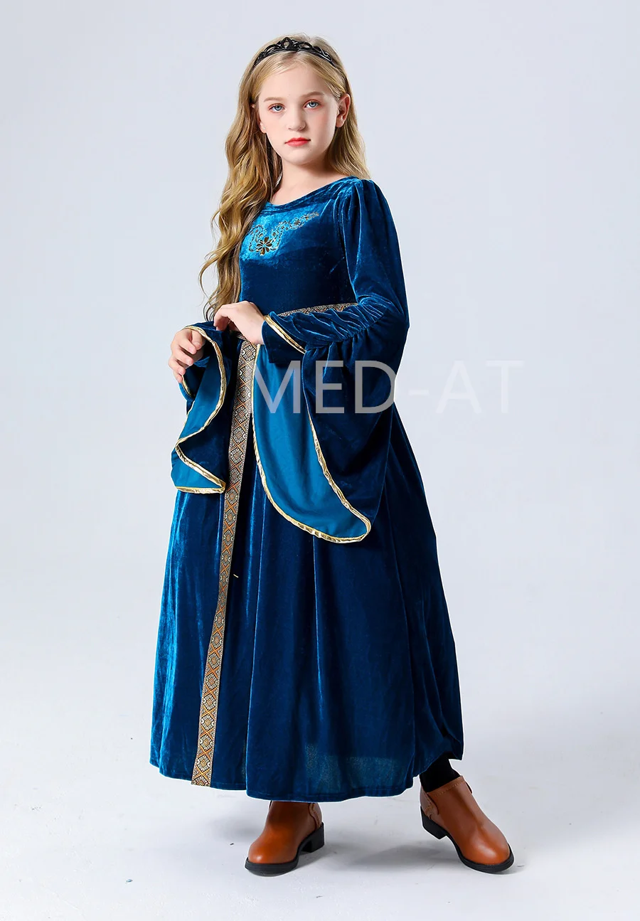 Girl\'s Medieval Dress Victorian Palace Royal Princess Costume Renaissance Halloween Vampire Cosplay Kids Long Fancy Velvet Robe