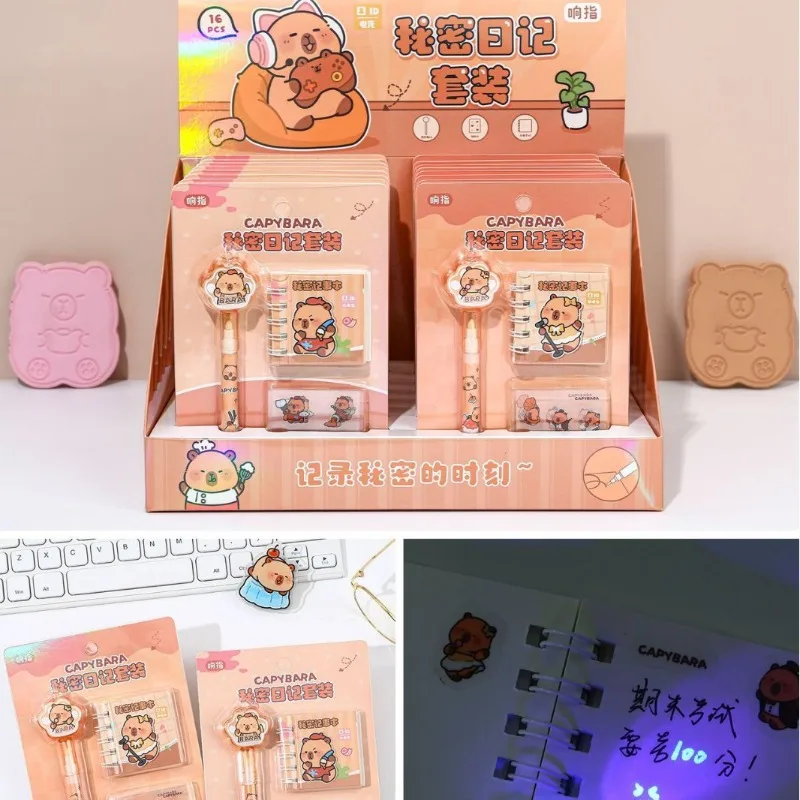 2Set Cartoon Capybara Invisible Pen With Notebooks and Stickers School Student Stationery Writing Notebook Birthday Gift