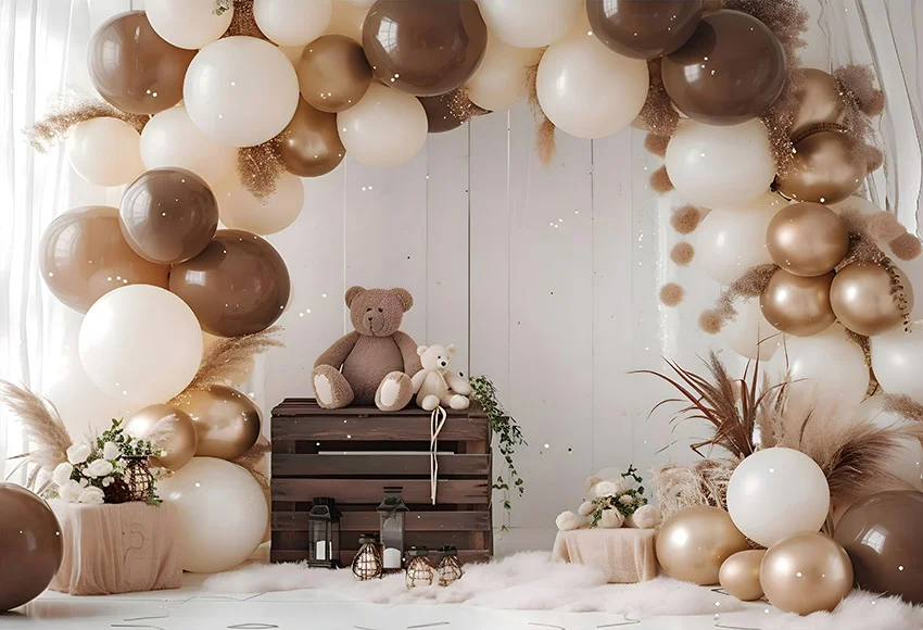 Mehofond Photography Background Boho Brown Bear Arch Balloon Kids Birthday Party Cake Smash Portrait Decor Backdrop Photo Studio