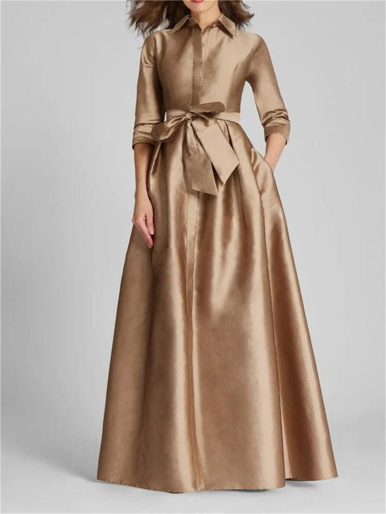 2023 Autumn and Winter Temperament Glamor Taffeta Floor Length Front Hidden Button Long Sleeve Mother of the Bride Evening Gown