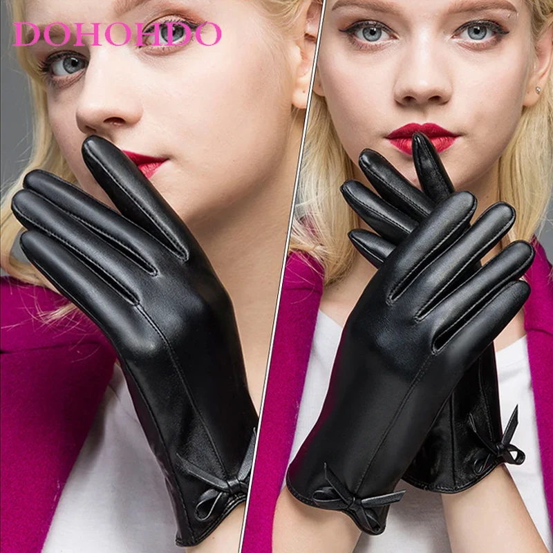 2026 السيدات شاشة تعمل باللمس الأسود بولي Leather الجلود الشتاء زائد المخملية الدافئة الدراجات في الهواء الطلق القيادة لطيف القوس قفازات امرأة قفازات جلدية