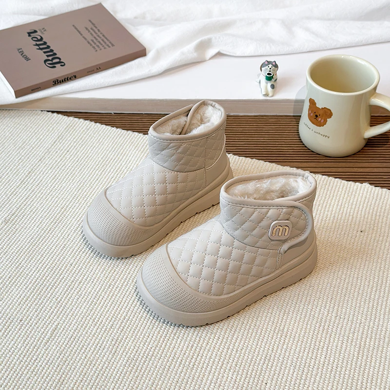 

2025 Winter New Children's Thickened Fashion Wool Lined Cotton Boots for Girls, Solid Color Comfortable Warm Boots